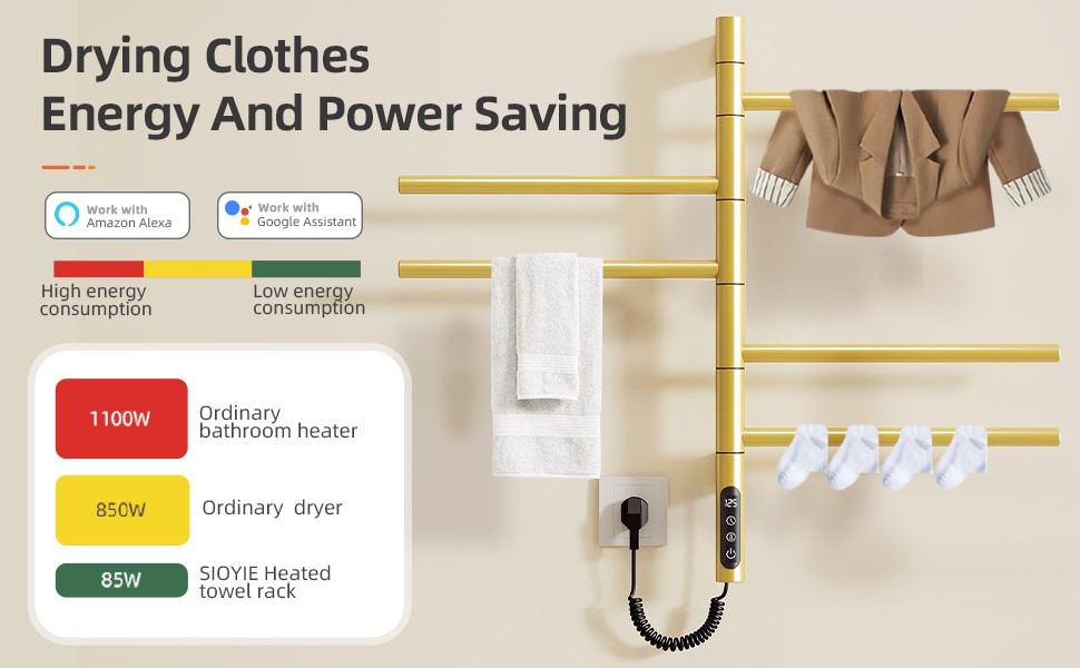 SIOYIE Smart Rotating Heated Towel Rack For Bathroom, Wall-Mounted Electric Towel Dryer With Swivel Bars, Smart Timer, Low Carbon Steel, IPX5, Plug-in/Hardwired, Towel Warmer With Wi-Fi App ControlW_voghion.com